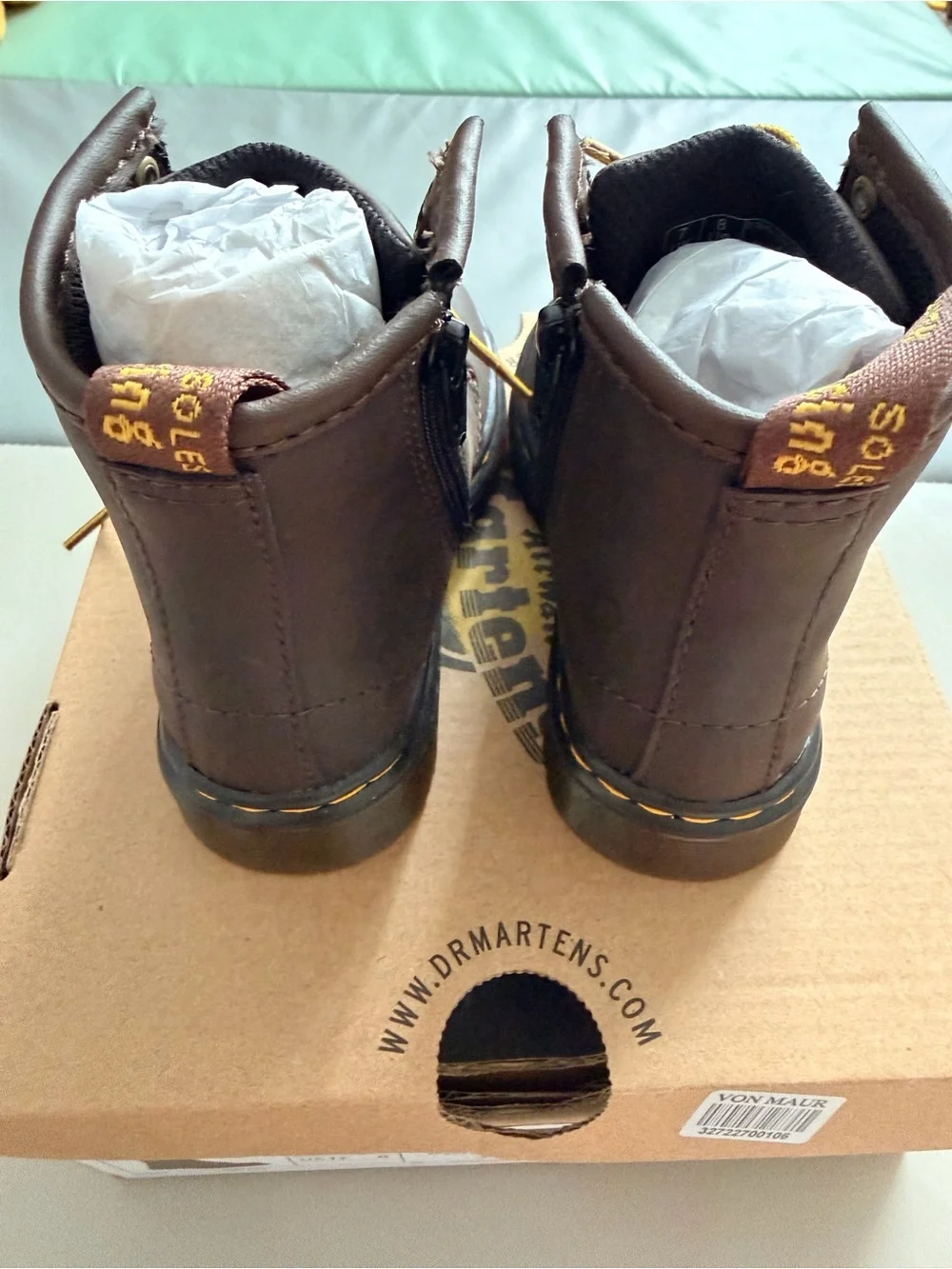 Dr. Martens Toddler Dark Brown Leather Lace-Up Boots with Yellow Stitching. New